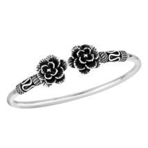 Camellia in Bloom Oxidized Open Ended Balinese Sterling Silver Cuff Bracelet - £37.09 GBP