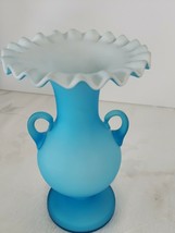 Fenton Satin Cased Glass Vase Blue  / White Ruffled Edge 8 &quot; applied Handles - £44.83 GBP