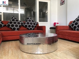 NauticalMart Aluminum Drum Shaped Coffee Table Hammered Coffee Table Aviator Liv - £1,038.36 GBP