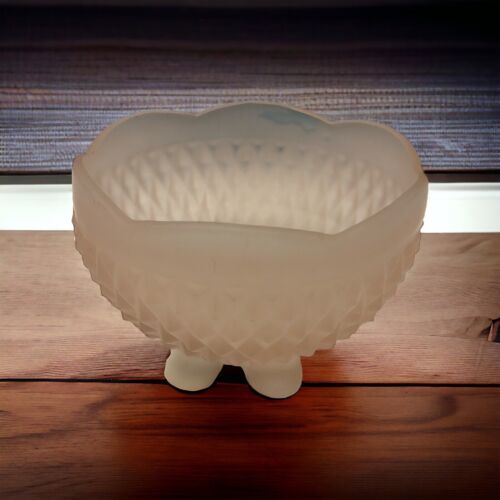 Vintage Footed Pink Satin Frosted Indiana Glass Bowl Diamond Pattern 5" in Diam. - $19.79