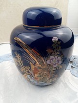 Japanese Porcelain Cobalt Blue Pheasant &amp; Floral Design Lidded Ginger Jar 5&quot; - £14.58 GBP