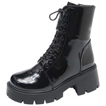Rimocy Patent Leather Chunky Ankle Boots Women Winter Warm Plush Platform Shoes  - £41.97 GBP