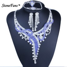 Blue Necklace Set Statement Wedding Jewelry Sets Rhinestone Necklace Earrings Ri - £23.57 GBP