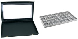 Black Glass Top Jewelry Case (Snap close lid) w/ Gray 32-slot Plastic Tray - £25.90 GBP