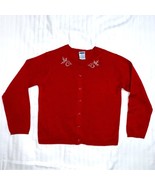 Christmas Holiday Red Knit Cardigan Sweater Silver Embroidery Front Button - £7.76 GBP