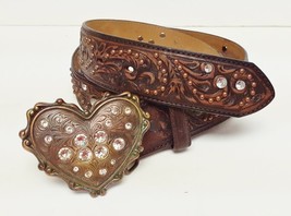 Justin 125 Year Celebration Belt Faux Rhinestone Leather Heart Brown Women&#39;s 32 - £35.05 GBP