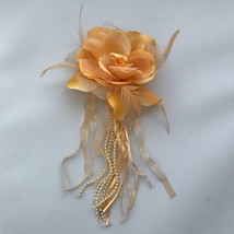 Vtg Silk Rose Brooch Large Pin Fasten Backing Feather Pearl Beaded Ribbo... - $15.69