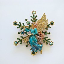 Kirk&#39;s Folly Snowflake with Angel Gold Tone Green Rhinestone Pin Brooch Pendant - £63.07 GBP