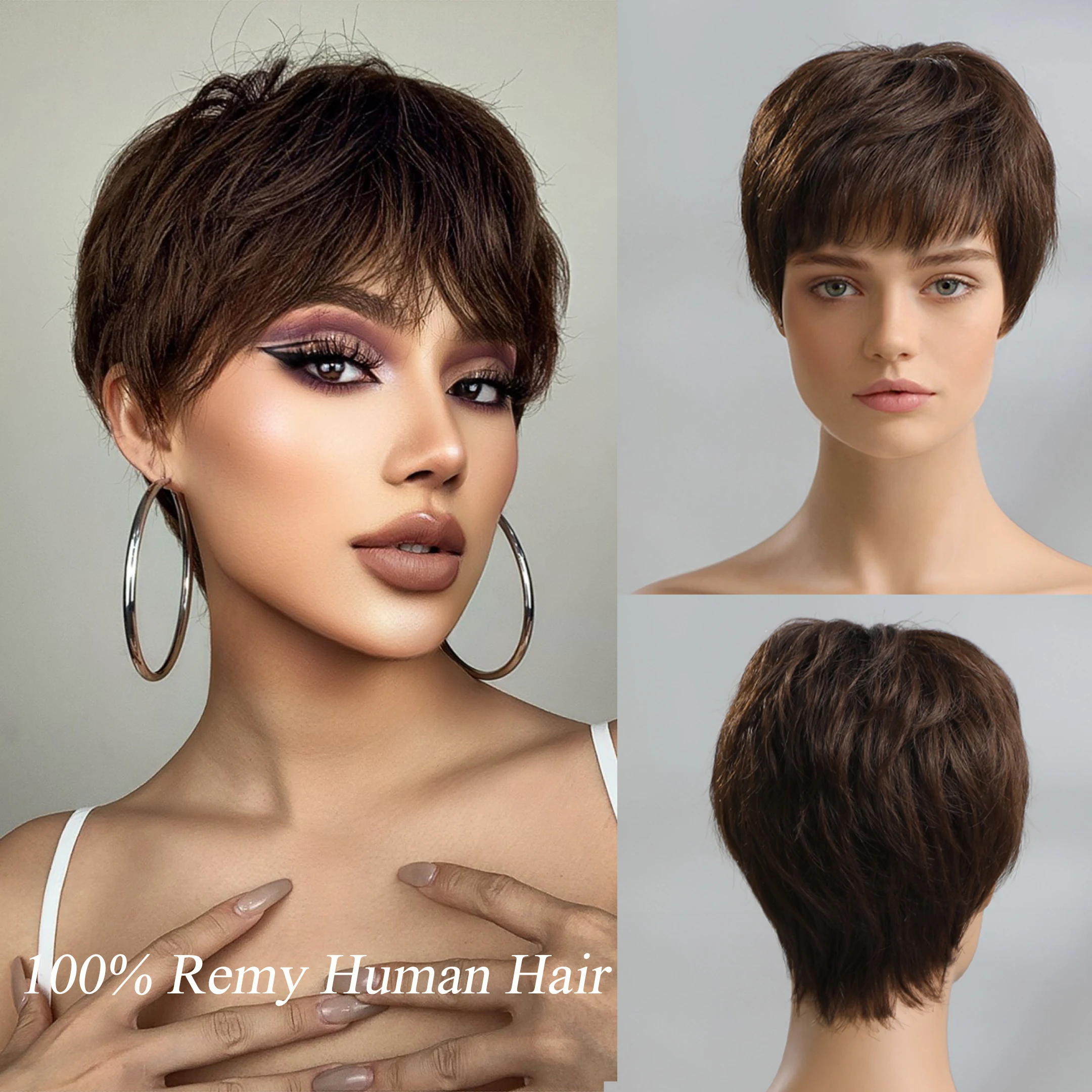 Short Pixie Cut Real Human Hair Wig Dark Brown Straight Layered Wigs with Fluf - £32.58 GBP+