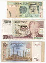 Turkey, Saudi Arabia, Yemen, Ensemble 3 Différents Pays Billets de Banque - $16.41