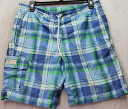 Chaps Swim Trunks Shorts Men&#39;s Large Blue Plaid Lined Mesh Polyester Dra... - $18.46