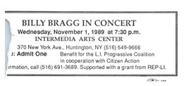 Billy Bragg Ticket Stub November 1 1989 Huntington New York - £19.54 GBP