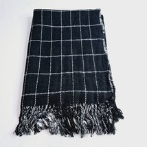 Reversible Black White Knit Scarf Wrap Plaid Strips with Fringe 27x72 Soft Warm - £11.92 GBP