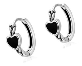 925 Sterling Silver Black Heart Huggie Hoop Earrings - $51.49