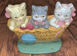 Vintage Cast Iron Door Stop Three Kittens In Knitting Basket Hand Painted - £14.78 GBP