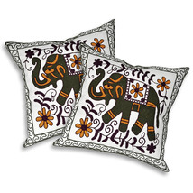 Embroidered Retro Floral Olive Elephant Accents Throw Pillow Cover Set of 2 - £26.29 GBP