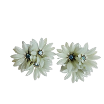 Celluloid Flower Clip On Earrings With Blue Rhinestone Center VTG - £10.19 GBP