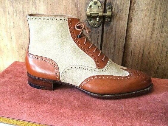 Men Beige Brown Wingtip Vintage Leather Brogue Toe Handmade Ankle Boots US 7-16