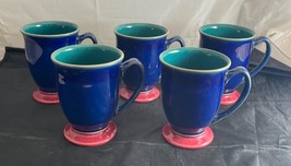 Set of 5 Denby Stoneware HARLEQUIN Green / Blue / Red Footed Mugs - £79.69 GBP