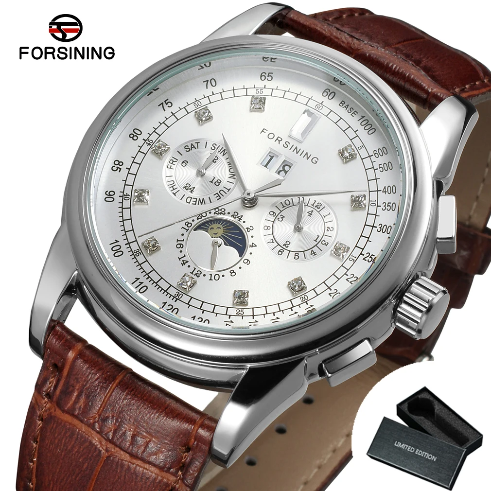 Watch Forsining Clic Vintage Automatic Watch for Men   Moon Phase Brown Leather  - £69.25 GBP