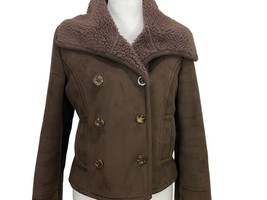 Zara Basic Brown Jacket Size M Sherpa Lining Double Breasted Overlap Collar - $27.65