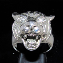 Sterling silver ring Tiger Wild Animal Predator with 2 Sparkling White CZ Eyes h - £86.99 GBP