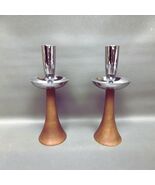 Vintage MCM Teak Chrome Candlestick Holders Pair - $40.00
