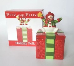 Fitz & Floyd 2009 Holiday Folk Snowman Ceramic Lidded Trinket Box w Box U215 - $24.99