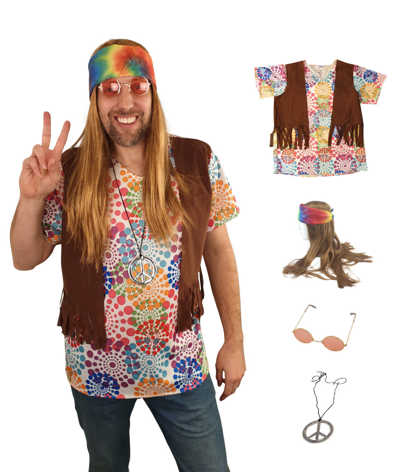 Primary image for Hippie Costume Wig Set - Wig and Bandana - Necklace - Vest - Shirt - Glasses 