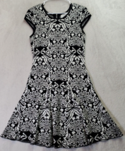 ELLE Fit &amp; Flare Dress Womens Medium Black Geo Print Cotton Cap Sleeve Back Zip - £17.30 GBP