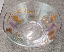 Vintage Mid Century Modern Clear Glass Snack Bowl with Gold &amp; Purple Grape Motif - £6.65 GBP