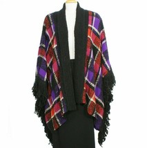 Ralph Lauren Black Plaid Wool Blend Fringe Trim Poncho Cardigan S M - $119.99