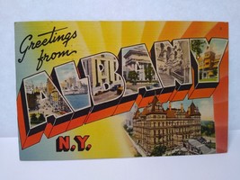 Greetings From Albany New York Large Big Letter City Postcard Linen 1951 Cancel - £5.15 GBP