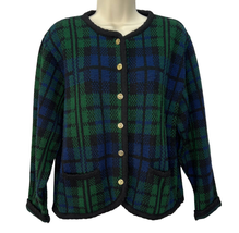 Vintage Tally Ho Cardigan Sweater Tartan Green Blue Plaid Size S Button Front - £31.10 GBP