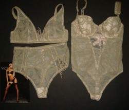 Victoria&#39;s Secret M bralette BRA SET+34C TEDDY one-piece embroidered olive BEIGE - £92.50 GBP