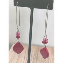 Red Pink Beaded Earrings Vintage Silver Tone Long Dangle - £7.95 GBP