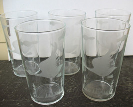 5 Glass Flying Ducks Geese Over Cattails Clear Drinking Glasses Frosted 10 oz - £10.27 GBP