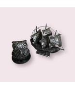 Halloween Spooky Black Metal Owl and Pirate Ship Tabletop Decor - $18.70