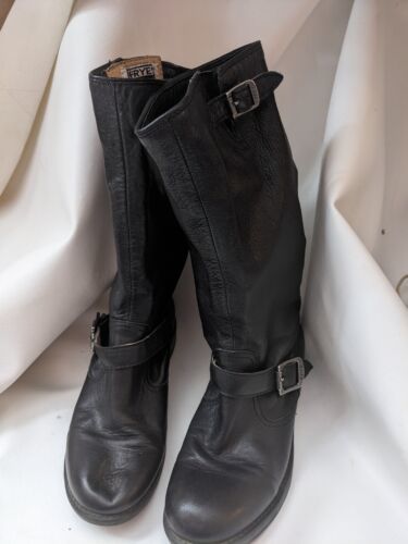 Frye Biker Boots Boys 3.5 Veronica Slouch Buckle Pull On Black Leather - $45.80
