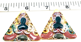 Vintage Gold Color &amp; Enamel Unusual TRIANGLE  Pierced Earrings - £10.99 GBP