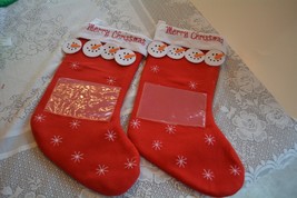Lot of 2 Red White Merry Christmas Snowman Stockings Picture Name Tag Holder 18&quot; - £13.90 GBP