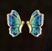 New Pretty Rhinestone Half Butterfly Green Blue Stud Earrings - £5.59 GBP