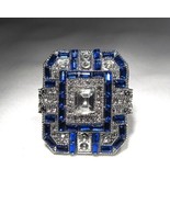 Huge Statement Bling Ring Costume Jewelry Sz 10 Blue Silver Rhinestone D... - £35.69 GBP