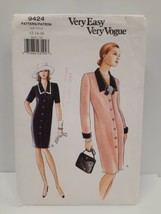 1996 Very Easy Vogue Pattern 9424 Misses&#39; Front Button Up Dress Size 12-14-16 - $17.77