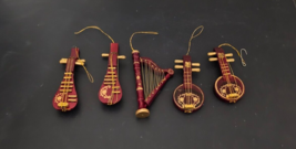 5 Christmas Ornaments Wood Musical Ornaments Sitars Harp Guitars - £11.61 GBP