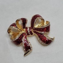 Holiday Lane Red Bow Brooch Gold Tone Enamel Glitter W Rhinestones Vintage Macys - $13.96