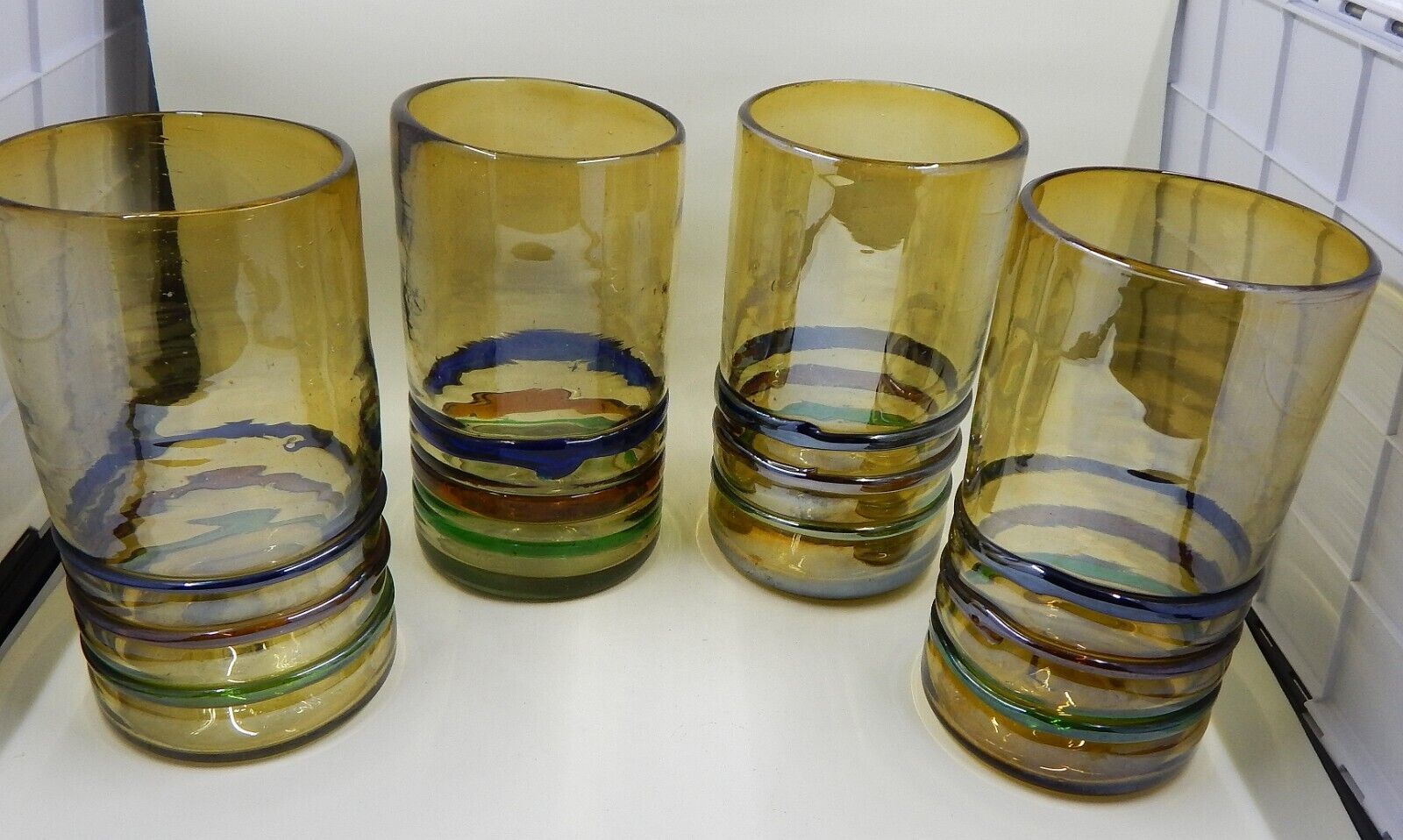 Primary image for Mexican Hand Blown Glass Amber Tumblers Applied Rigaree Accent Set of 4