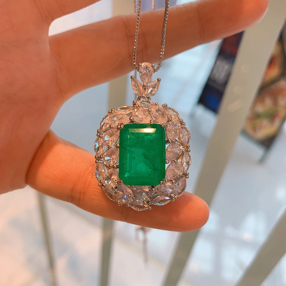 Trend Vintage 925 Sterling Silver Emerald Gemstone Lab Diamond Pendant Necklace  - $161.94