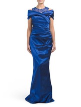 NWT Rickie Freeman for Teri Jon Royal Blue Ruched Off Shoulder Lace Neck Gown 2 - £51.15 GBP