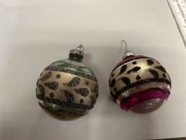 Vtg Shiny Brite Christmas balls flocked stencil leopard look Set 2 50&#39;s/60&#39;s MCM - $27.72